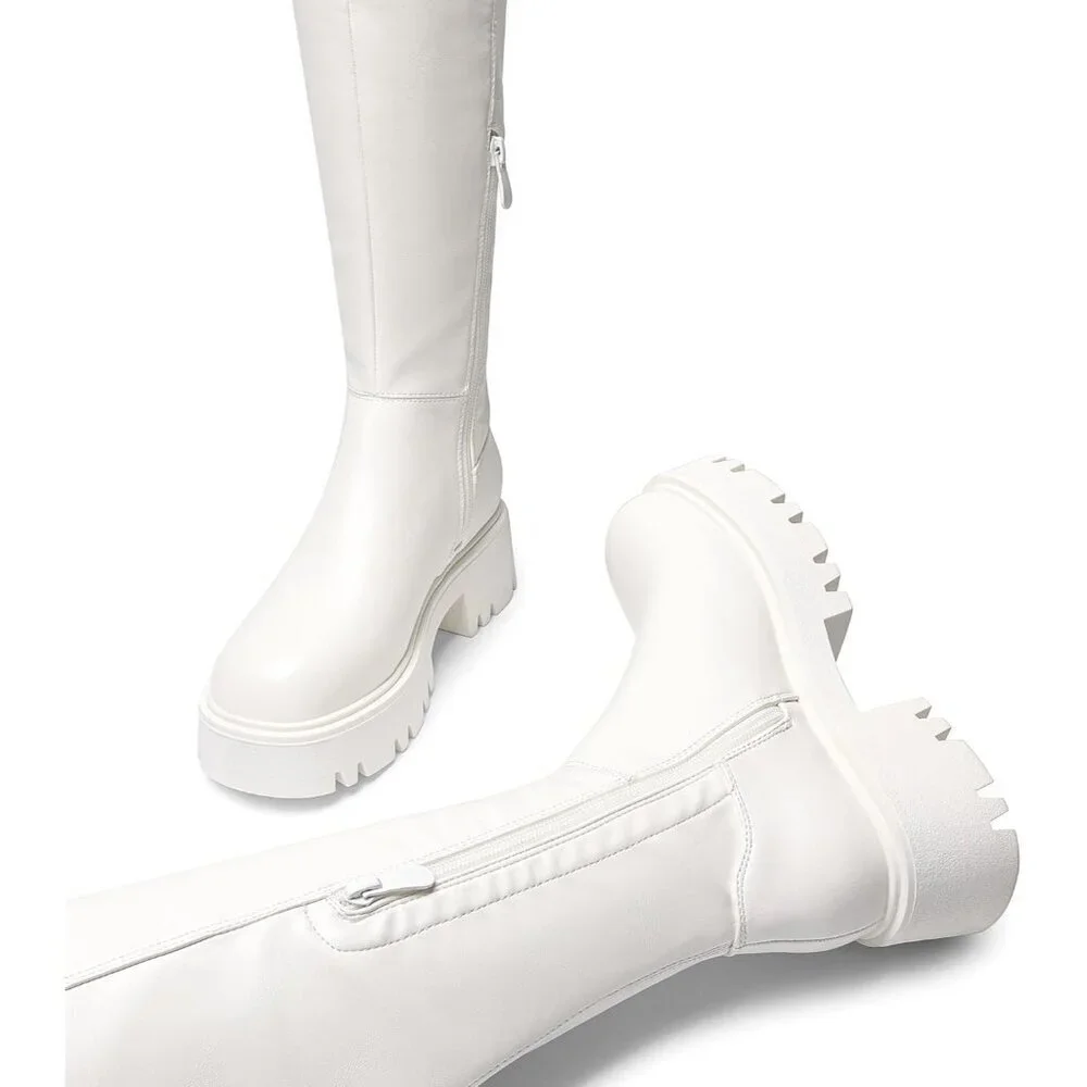 🆕Women's White-pu Faux Leather Over The Knee Lug Sole Round Toe Thigh High Boot